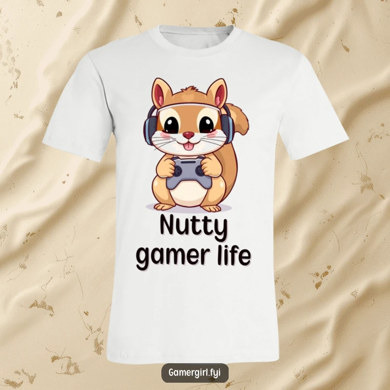 Funny t-shirt depicting a mischievous squirrel in a tiny gamer headset, holding a video game controller with both paws. Gamer apparel.