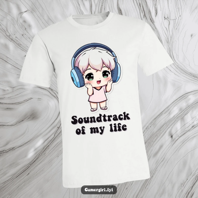 Funny t-shirt featuring a small individual wearing oversized headphones, deeply engrossed in grooving to music.
