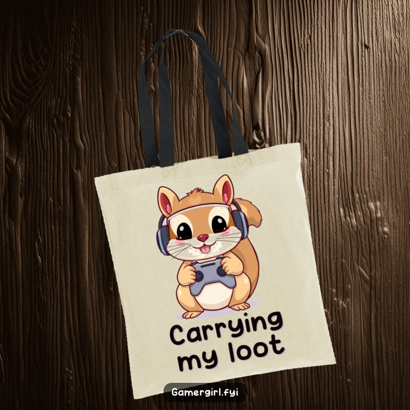 Funny tote bag with a mischievous squirrel in a gamer headset, holding a controller. Ideal for carrying gamer accessories.