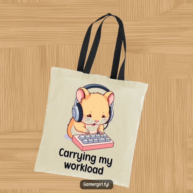 Funny tote bag featuring a high-focus hamster with large headphones, working diligently on a tiny keyboard, a quirky accessory.
