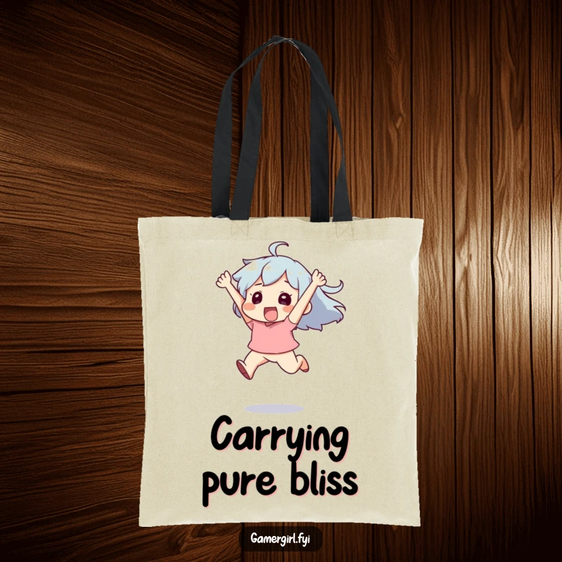 Funny tote bag with a character leaping joyfully in the air, symbolizing exuberance and the celebration of good times.