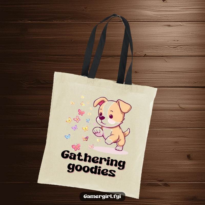 Funny tote bag with a playful puppy trying to herd tiny, glowing pixelated butterflies. A cute and practical accessory.
